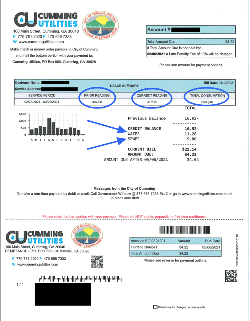 An example average water bill in Cumming, GA
